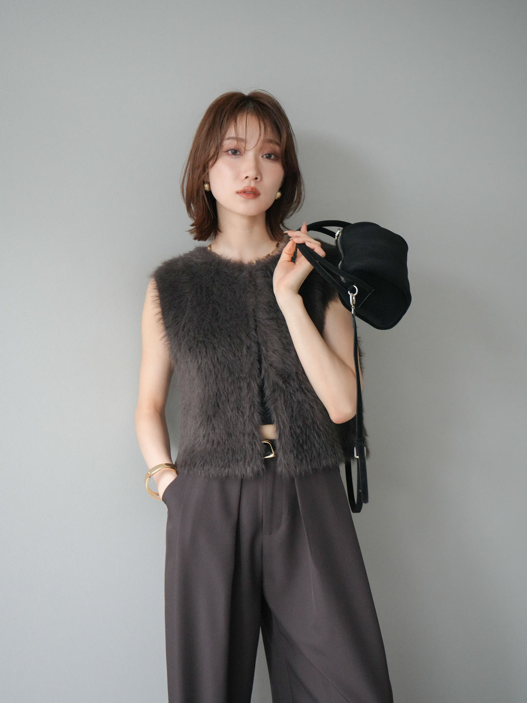 [予約]ミンクライク前後2WAYショートジレ/ブラウン