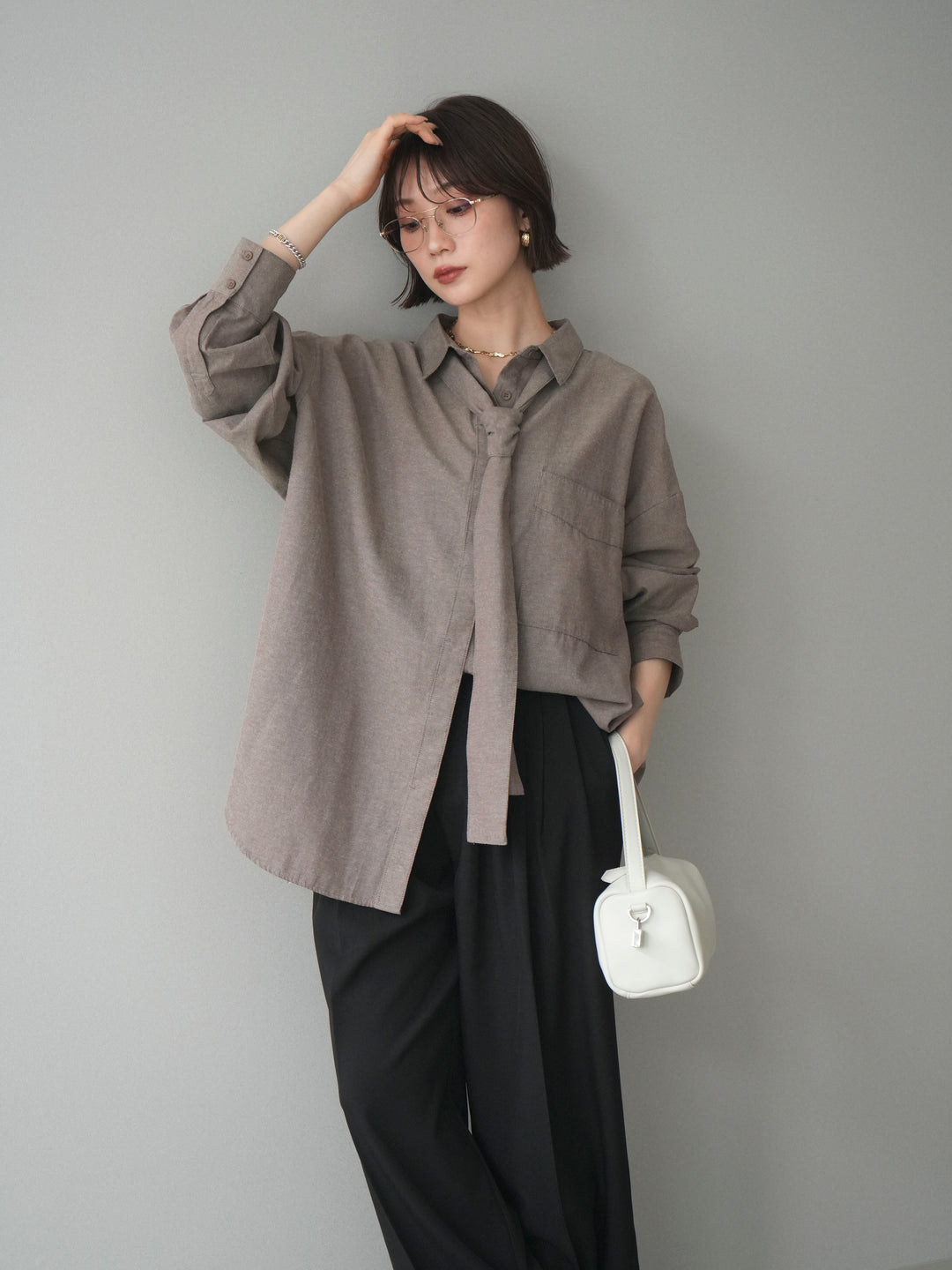 [予約]コットンライクボウタイオーバーシャツ/brown