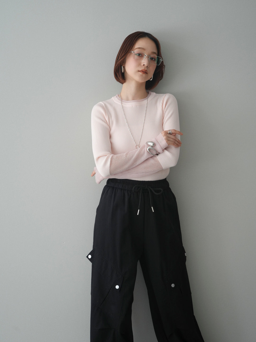 [SET]リブラメシアー切替リブニットトップス+リブラメシアー切替リブニットトップス(2set)