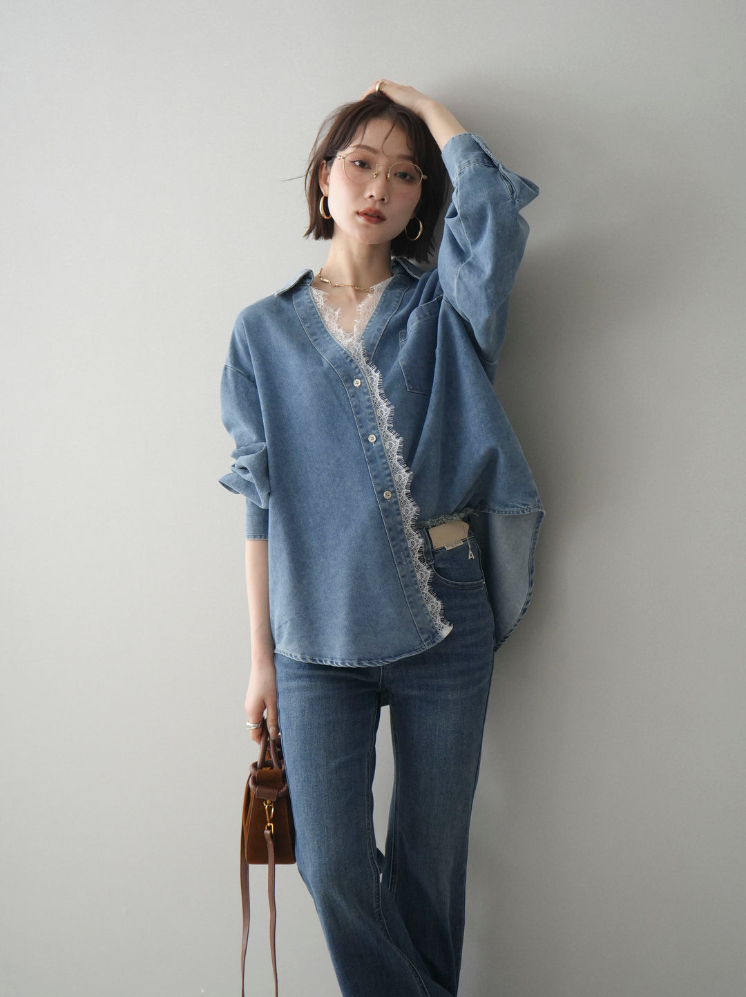 [SET]レースレイヤードデニム開襟シャツ+フリンジデザインセミフレアデニム(2set)