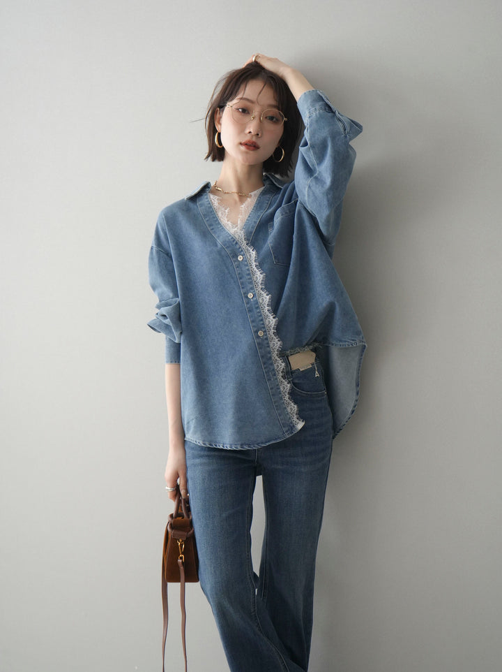 [SET]レースレイヤードデニム開襟シャツ+フリンジデザインセミフレアデニム(2set)