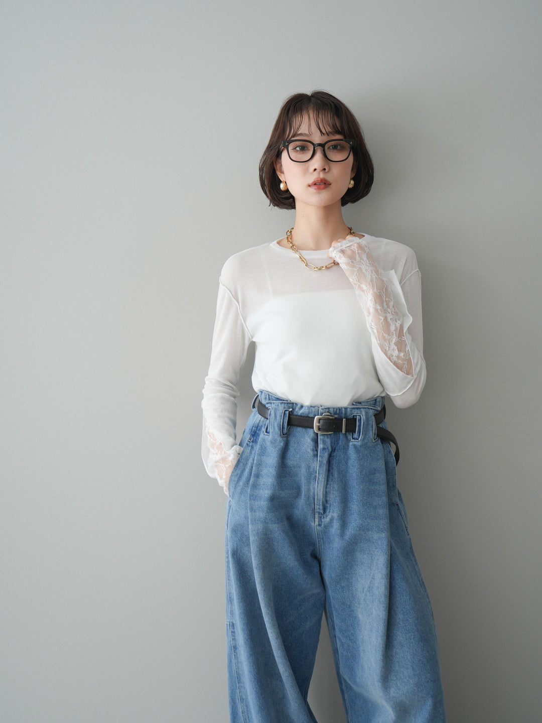 [SET]袖レースレイヤードデザインメロートップス+ハイウエストベルトループデザインデニムパンツ(2set)