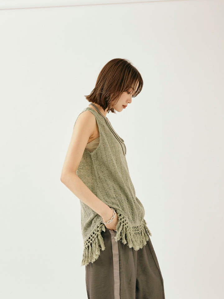 [予約]フリンジ透かし編みニットベスト/カーキ