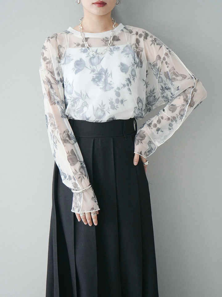【預購】花朵印花羅紋領透薄柔和上衣/米白色單色