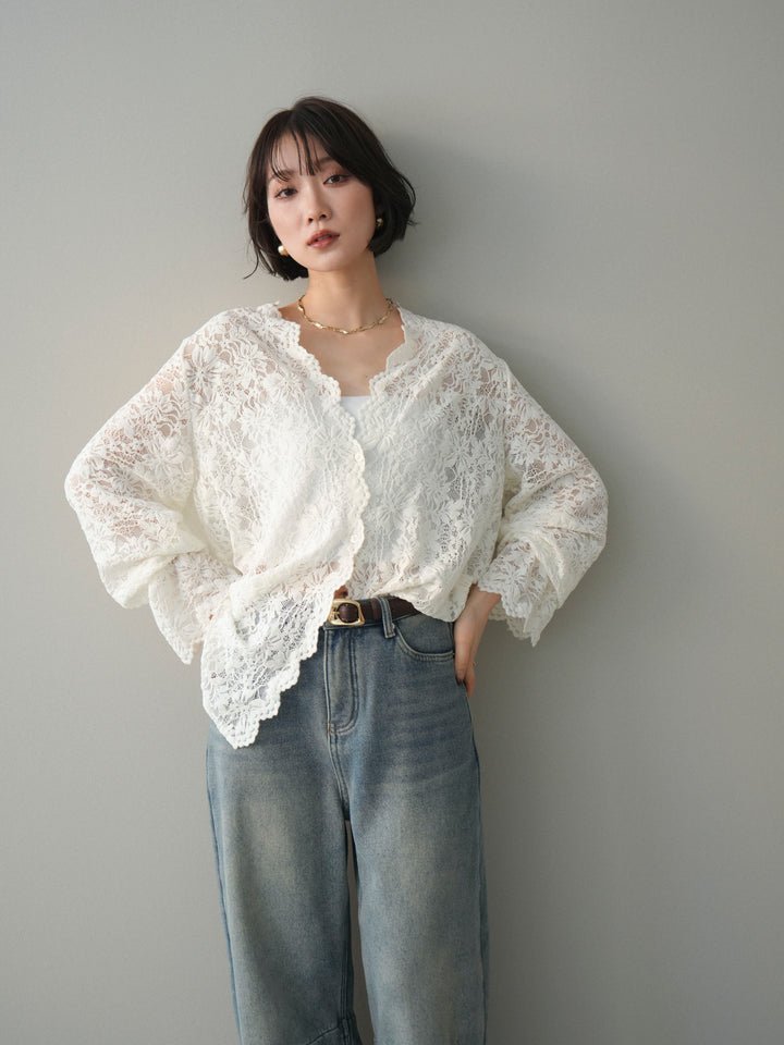 [予約]Vネックレースブラウス/white