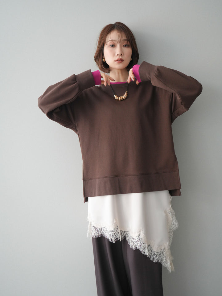 [SET]配色レイヤードデザインスエットプルオーバー+アシンメトリーサテンレースキャミソール(2set)