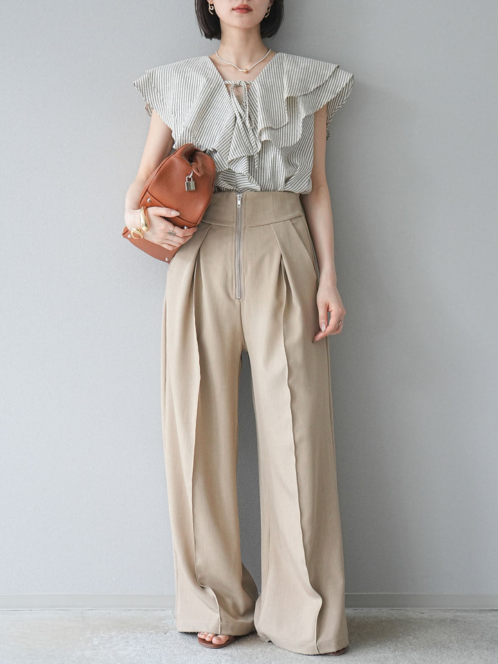 [予約]リネンライクストライプラッフルブラウス/ホワイト