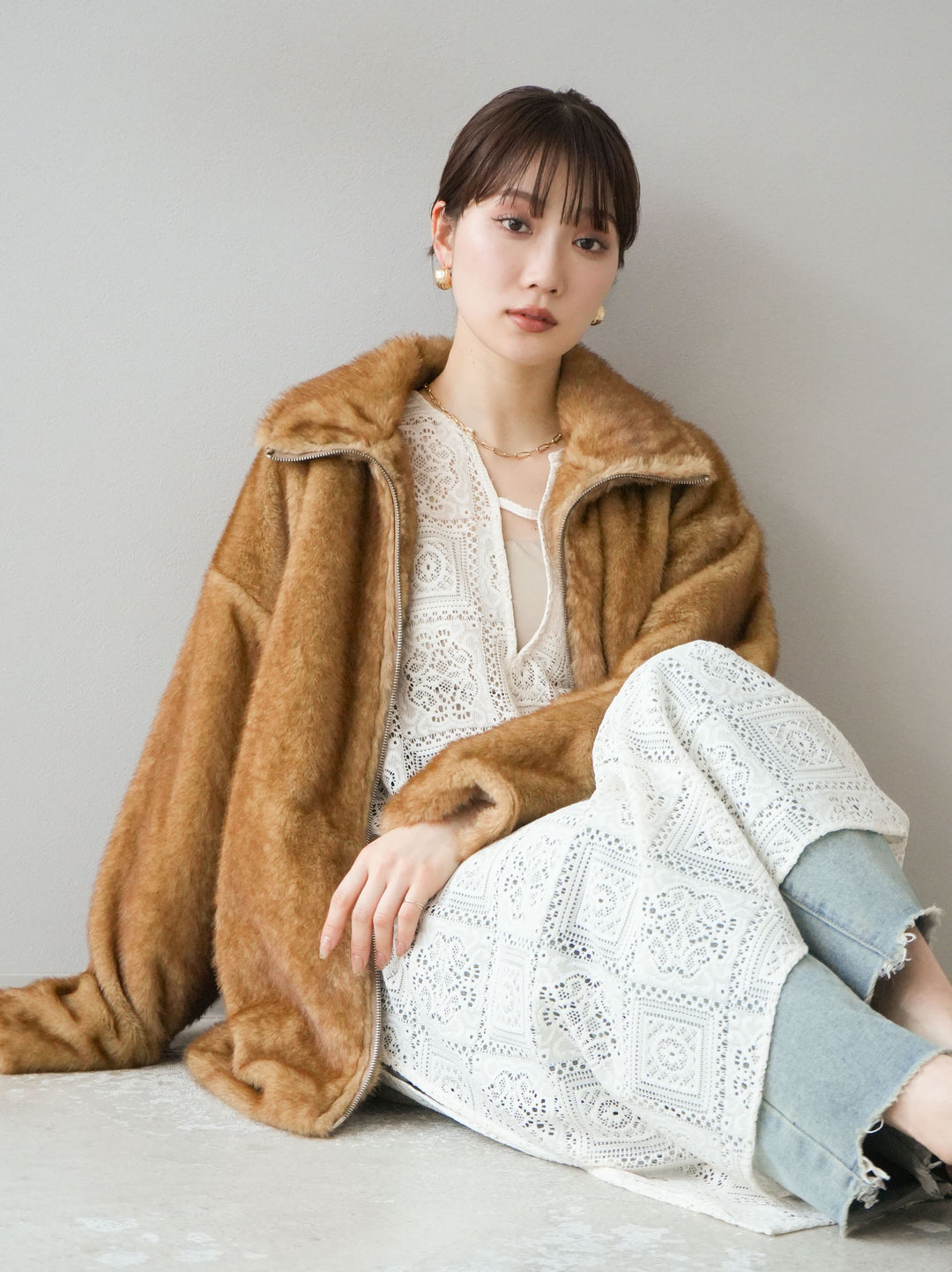 [予約]ファースタンドミドルジップジャケット/ベージュ