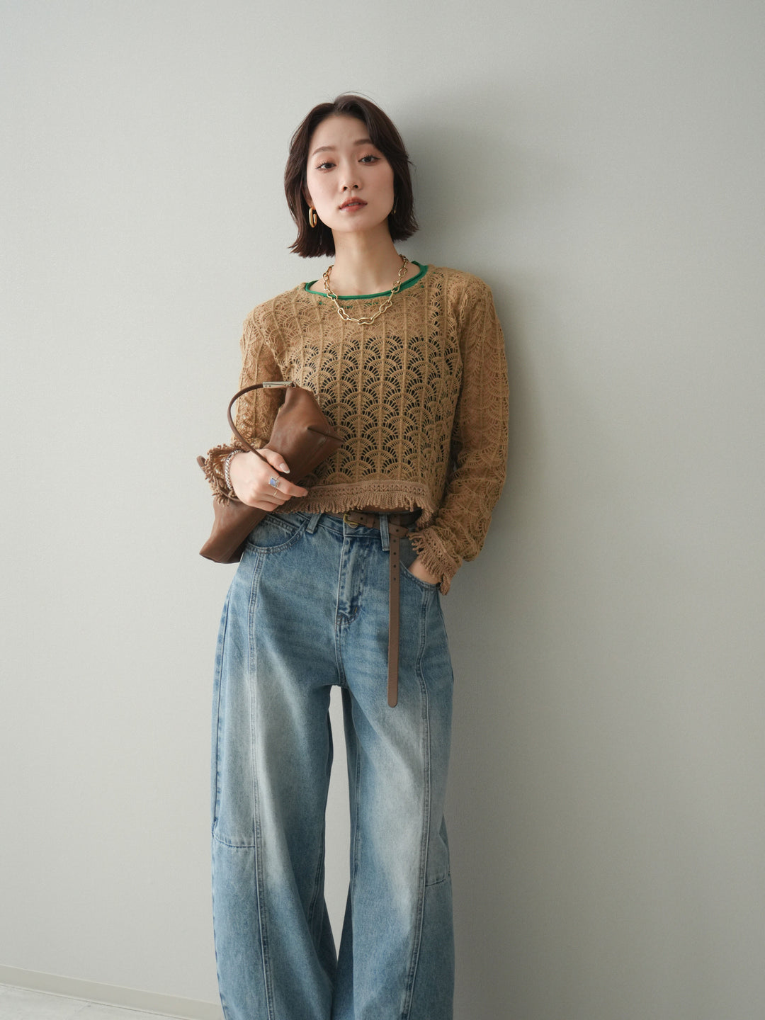 [予約]扇透かし編みクロップドニットプルオーバー/beige