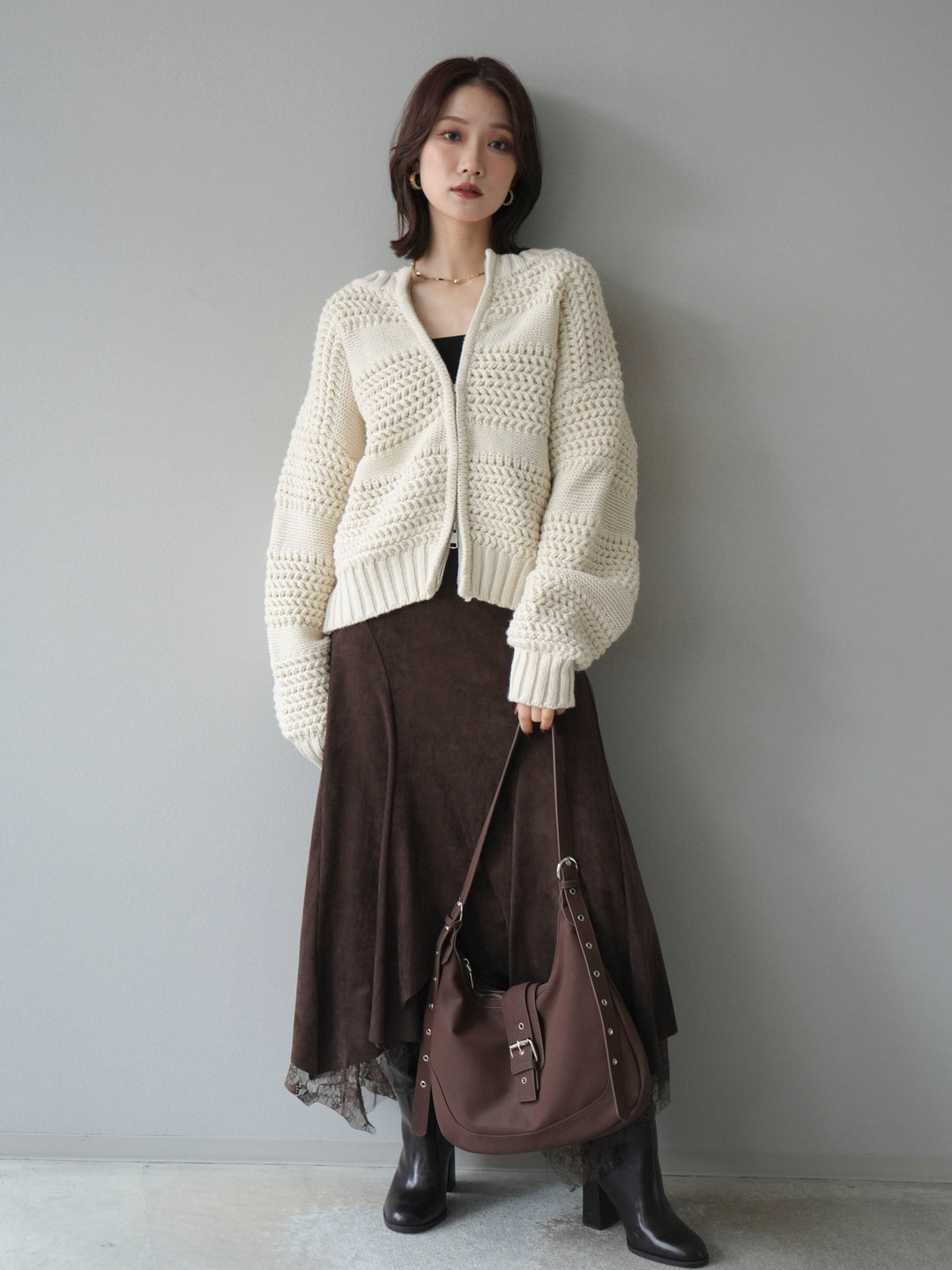 [予約]ケーブル編みZIPニットカーディガン/ivory