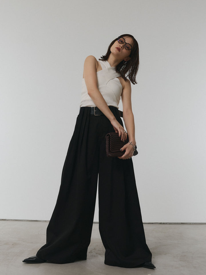 【Allure】[SET]クロスリブニットタンクトップ+ベルト付ダブルループワイドパンツ(2set)