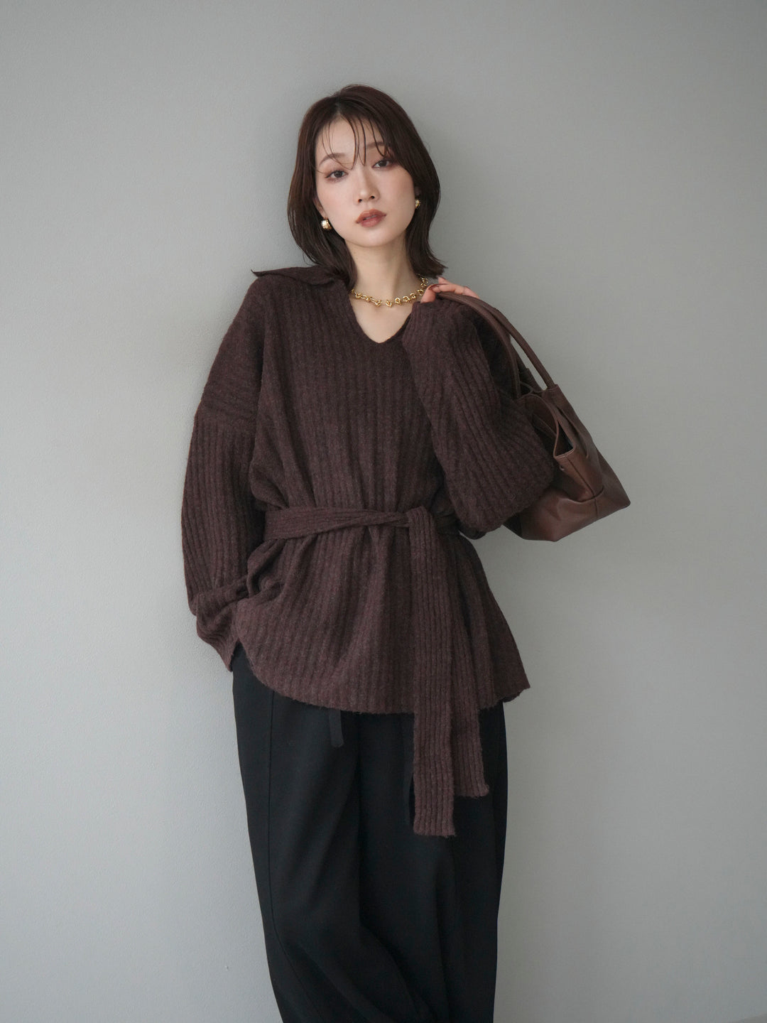 [予約]ワイドリブポロニットプルオーバー/brown