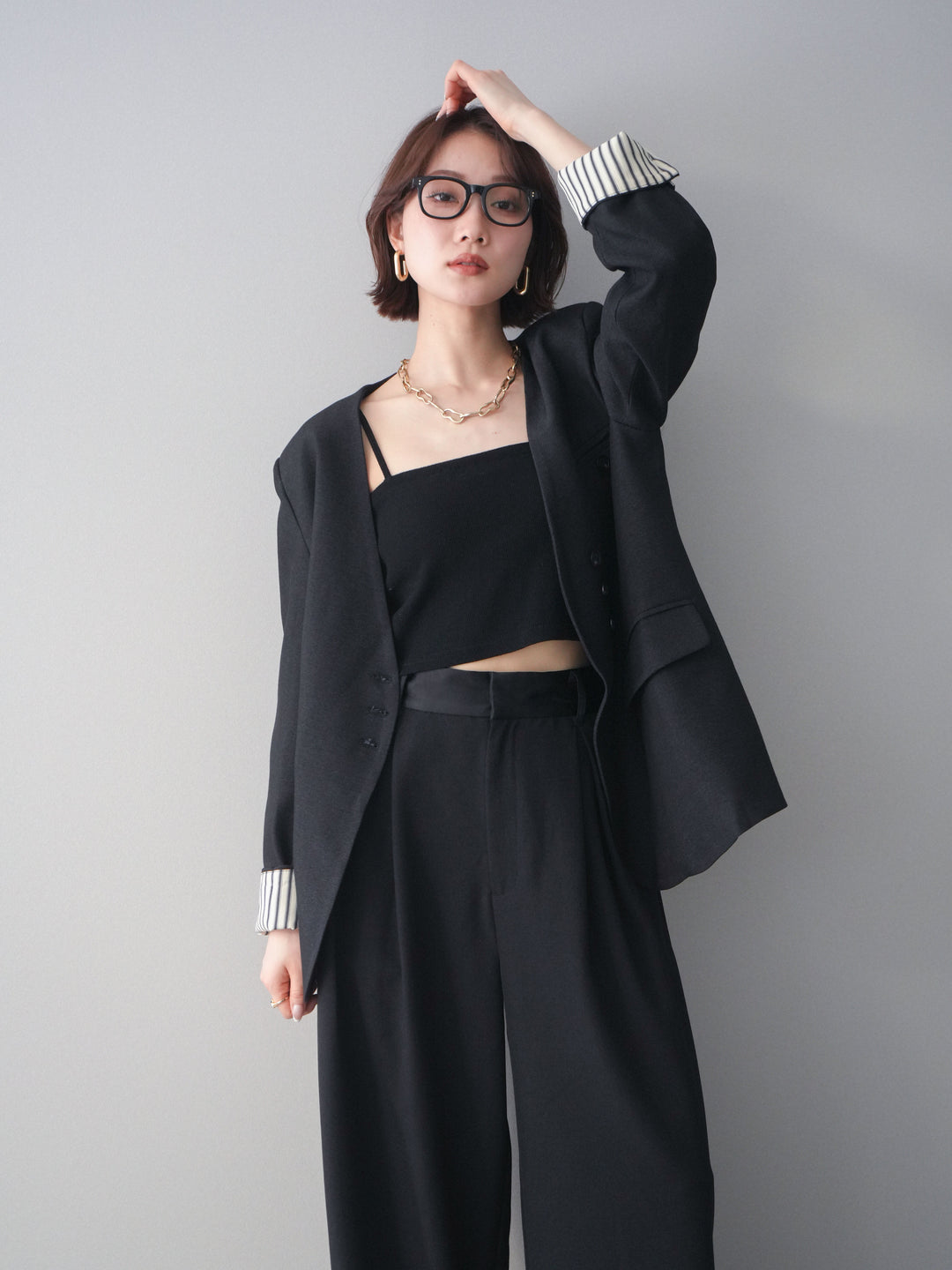 [SET]ノーカラージャケット+カップ付テレコリブベアキャミソール+サテンベルトタックワイドパンツ(3set)