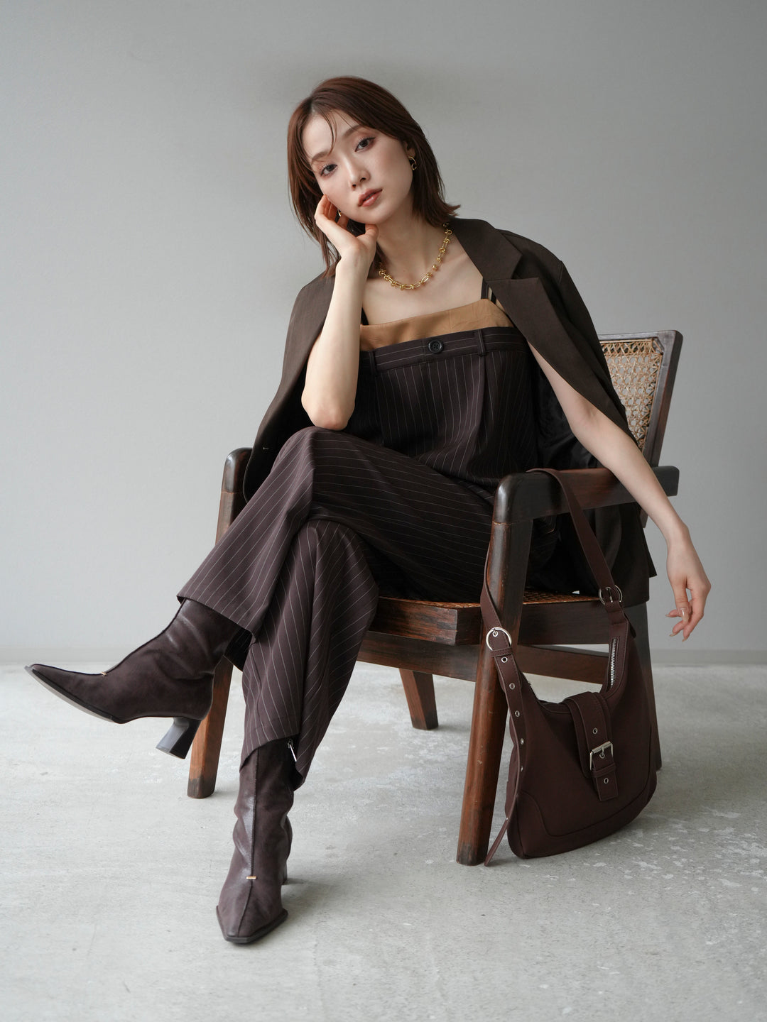 [予約]サテン切替ピンストライプサロペット/ブラウン