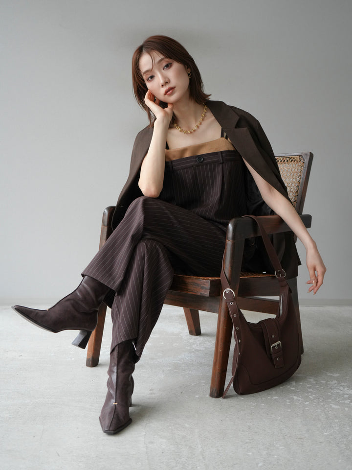 [予約]サテン切替ピンストライプサロペット/ブラウン