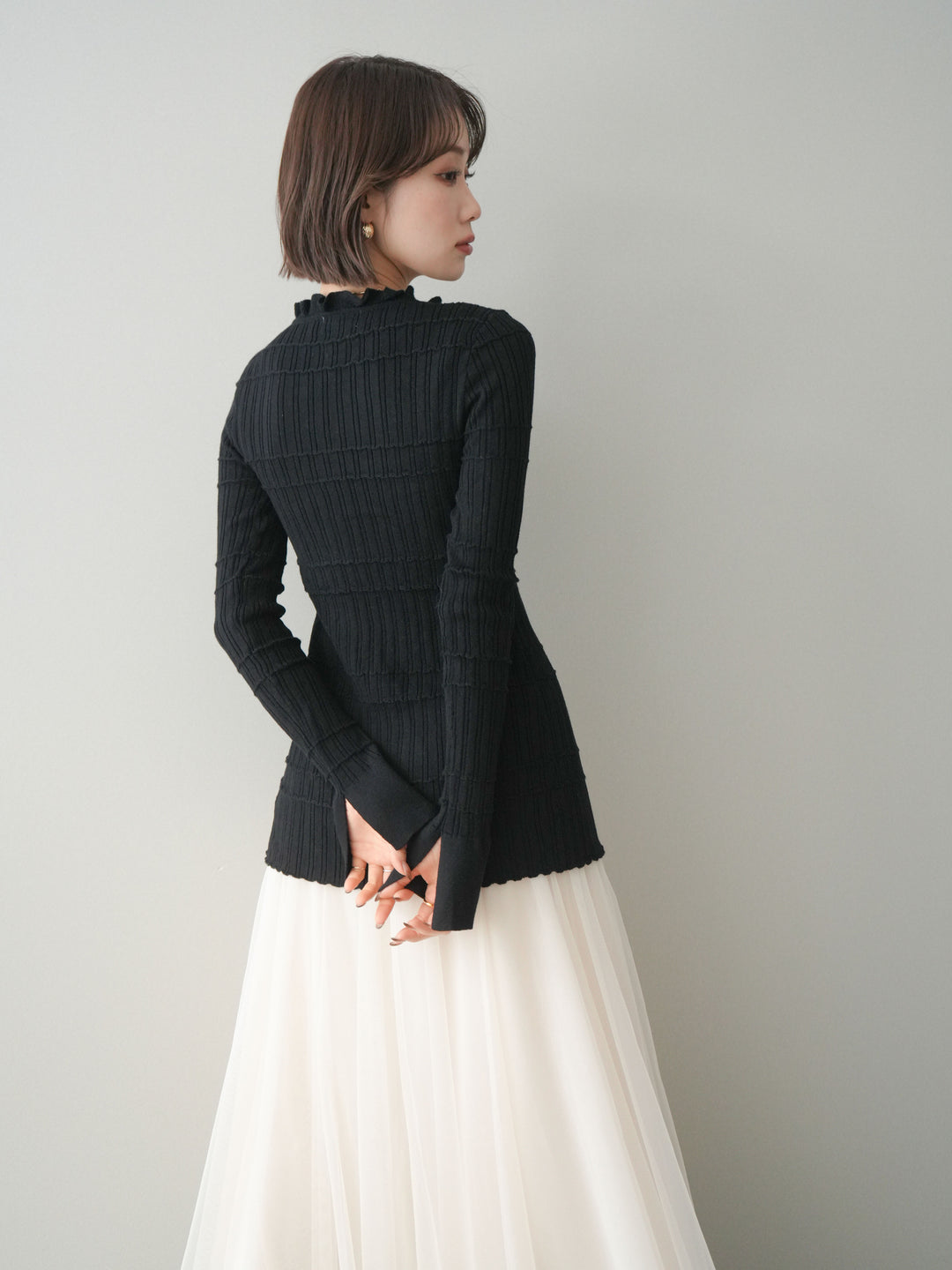 [予約]フロントフリルリブニットカーディガン/black