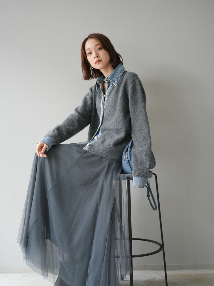 [SET]デニム襟ボタンニットカーディガン+チュールボリュームスカート(2set)
