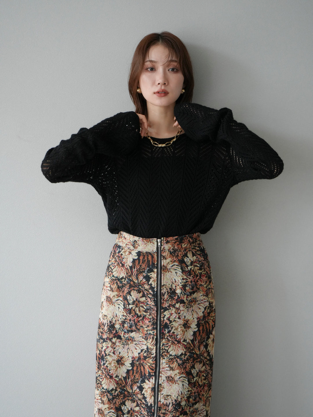 [予約]透かし編みニットトップス/ブラック