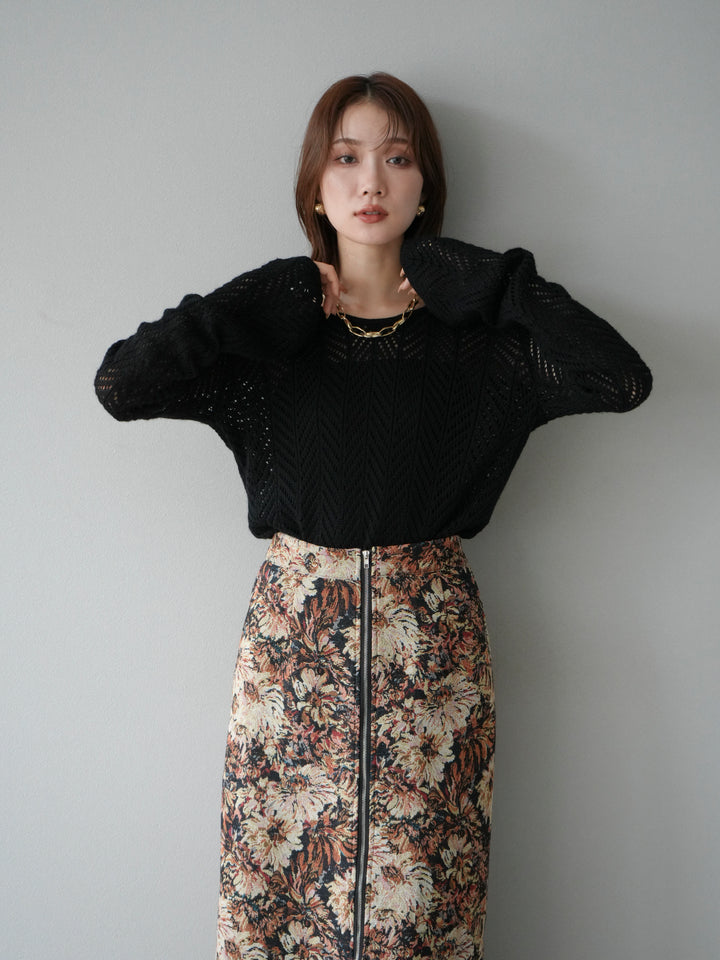 [予約]透かし編みニットトップス/ブラック