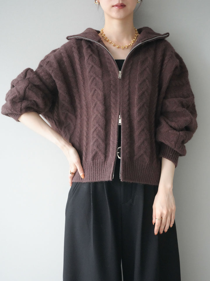 [SET]ケーブル編みハイネックZIPニットカーディガン+アニマル柄ベルト付きウールタッチワイドパンツ(2set)