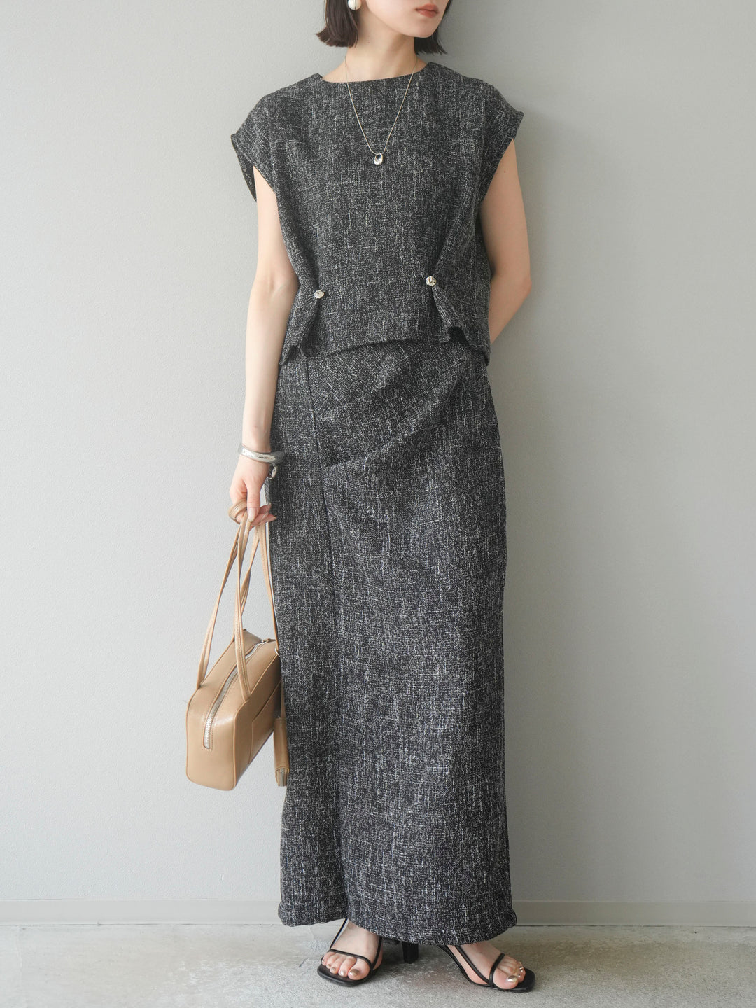 [予約]サマーツイードぺプラムブラウス/ブラックホワイト