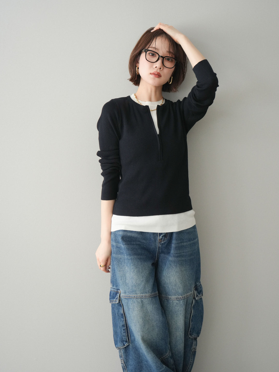 [予約]フロントジップ配色レイヤードニットトップス/navy
