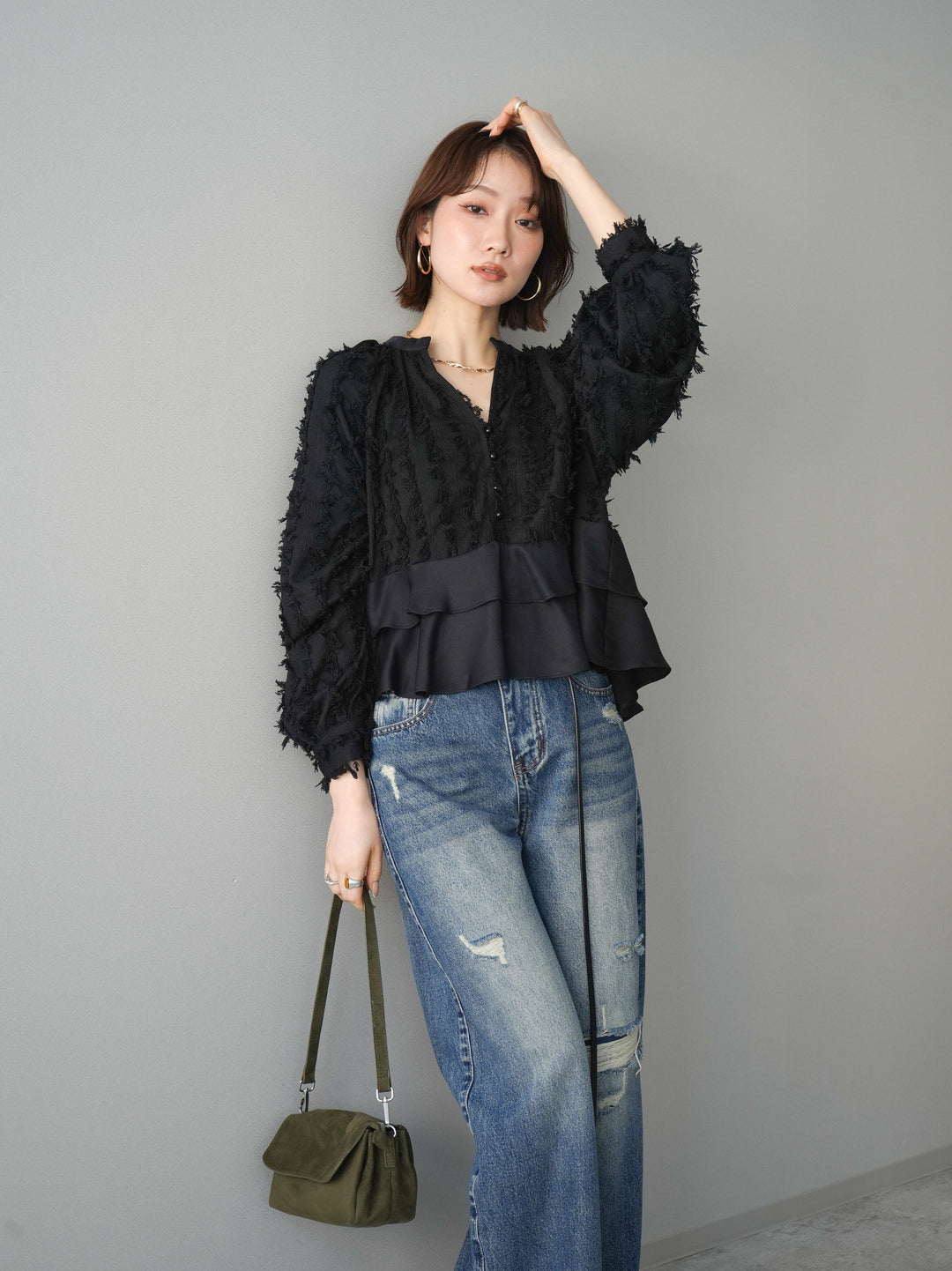 [SET]ジャガードぺプラムフリルブラウス+ダメージデニムセミワイドパンツ(2set)