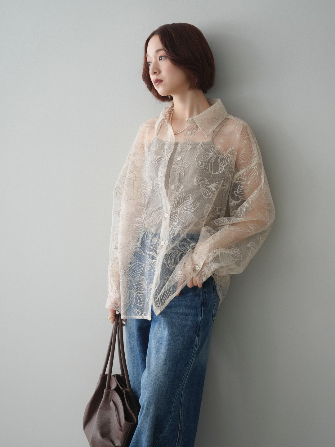 [予約]チュールフラワー刺繍オーバーシャツ/ecru