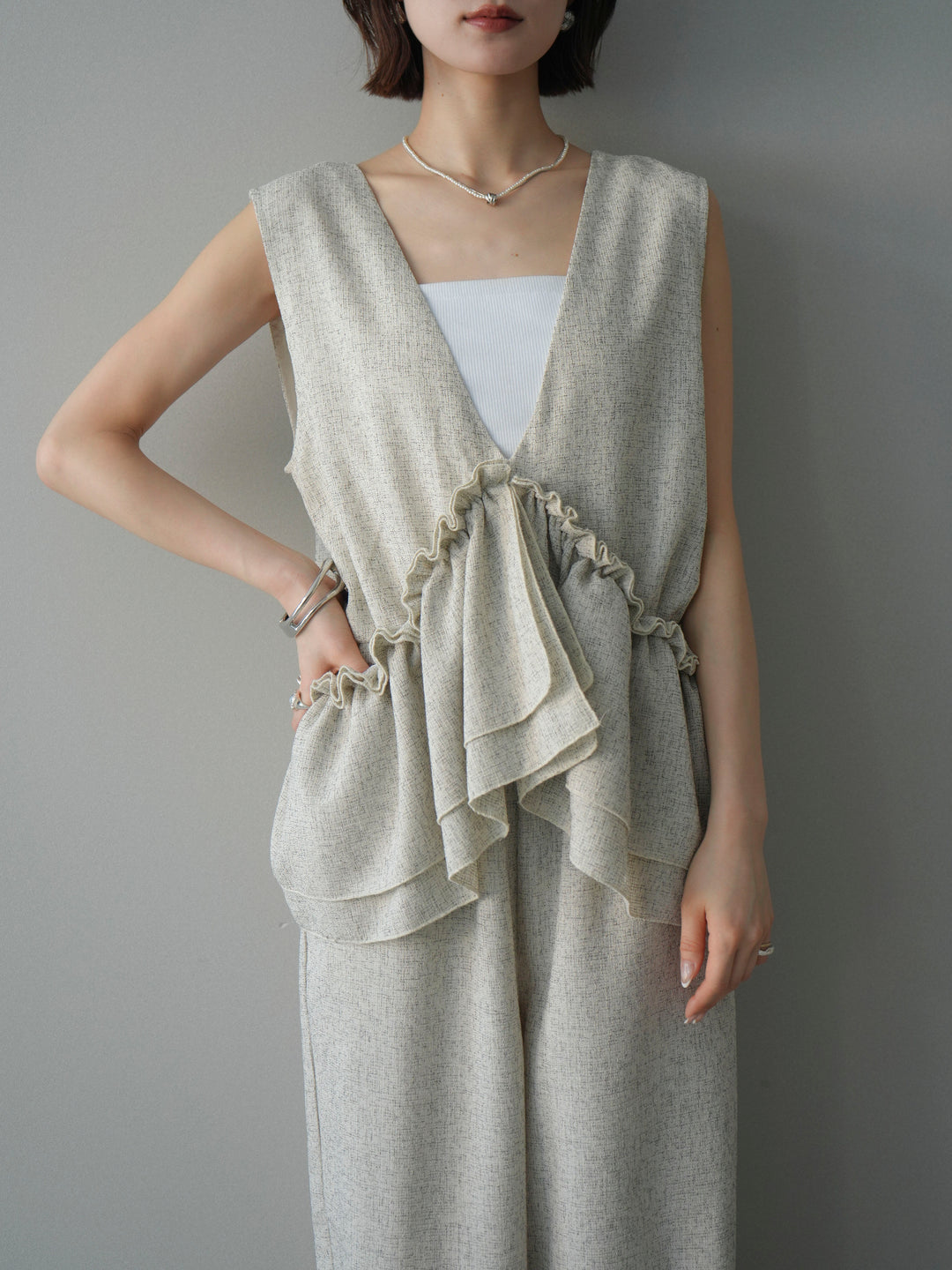 [SET]3WAYミックスツイードギャザーオールインワン+選べるアクセセット(2set)