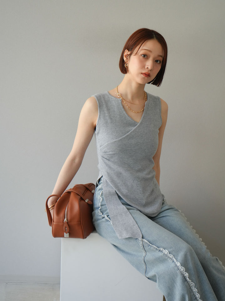 [SET]カシュクールノースリーブニットトップス+ラインレースデニムパンツ(2set)