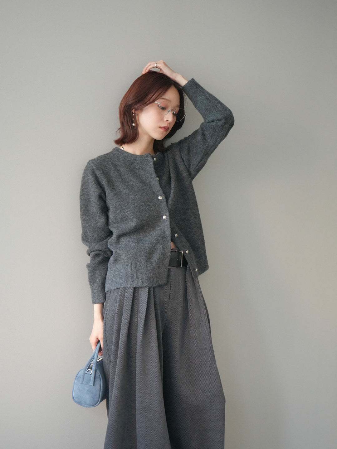 [SET]アンティークボタンニットカーディガン+ベルトデザインループコールテンワイドパンツ(ベルト付き)(2set)