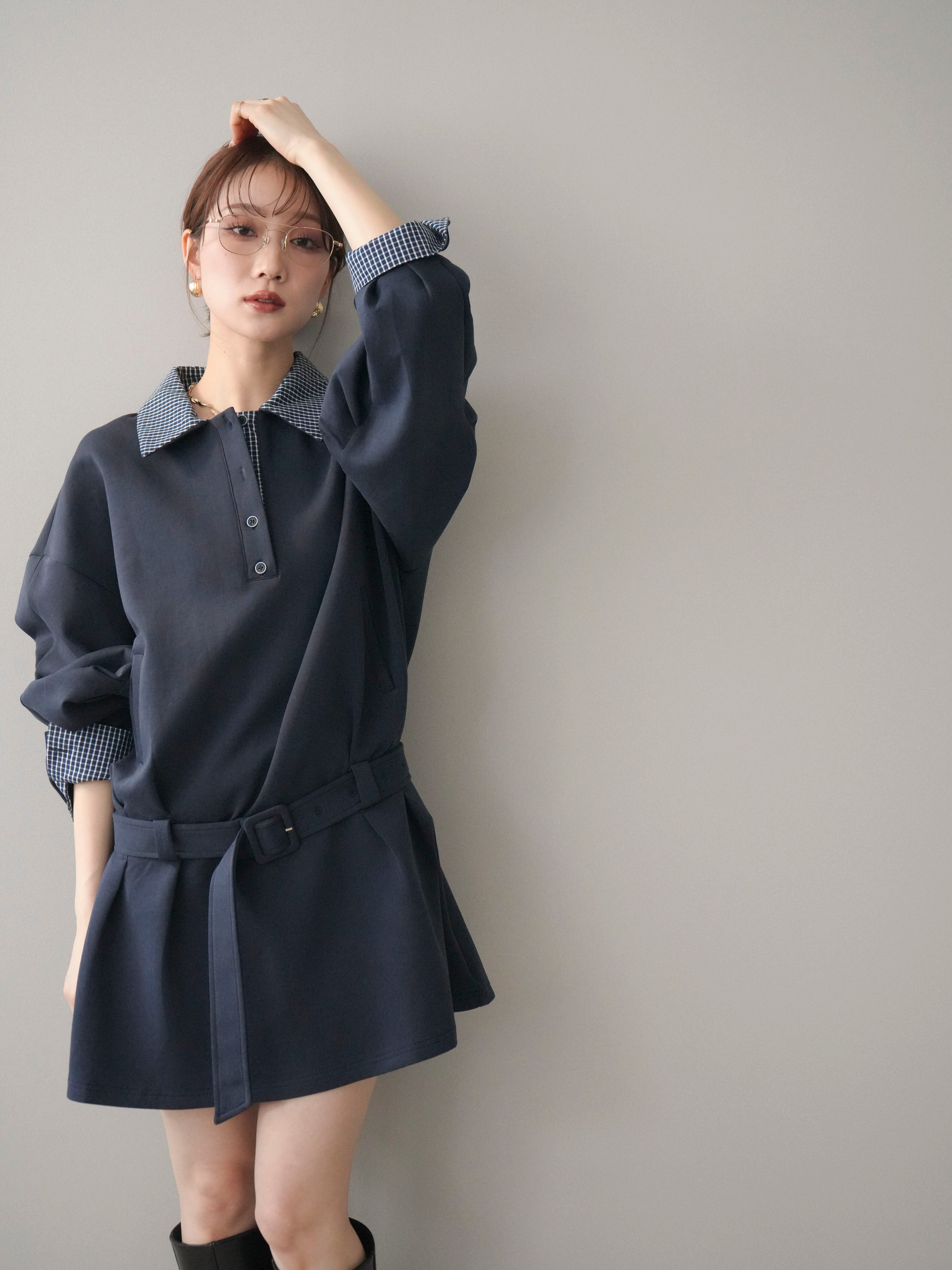 SET]チェック襟xスエットミニワンピース+選べるアクセセット(2set