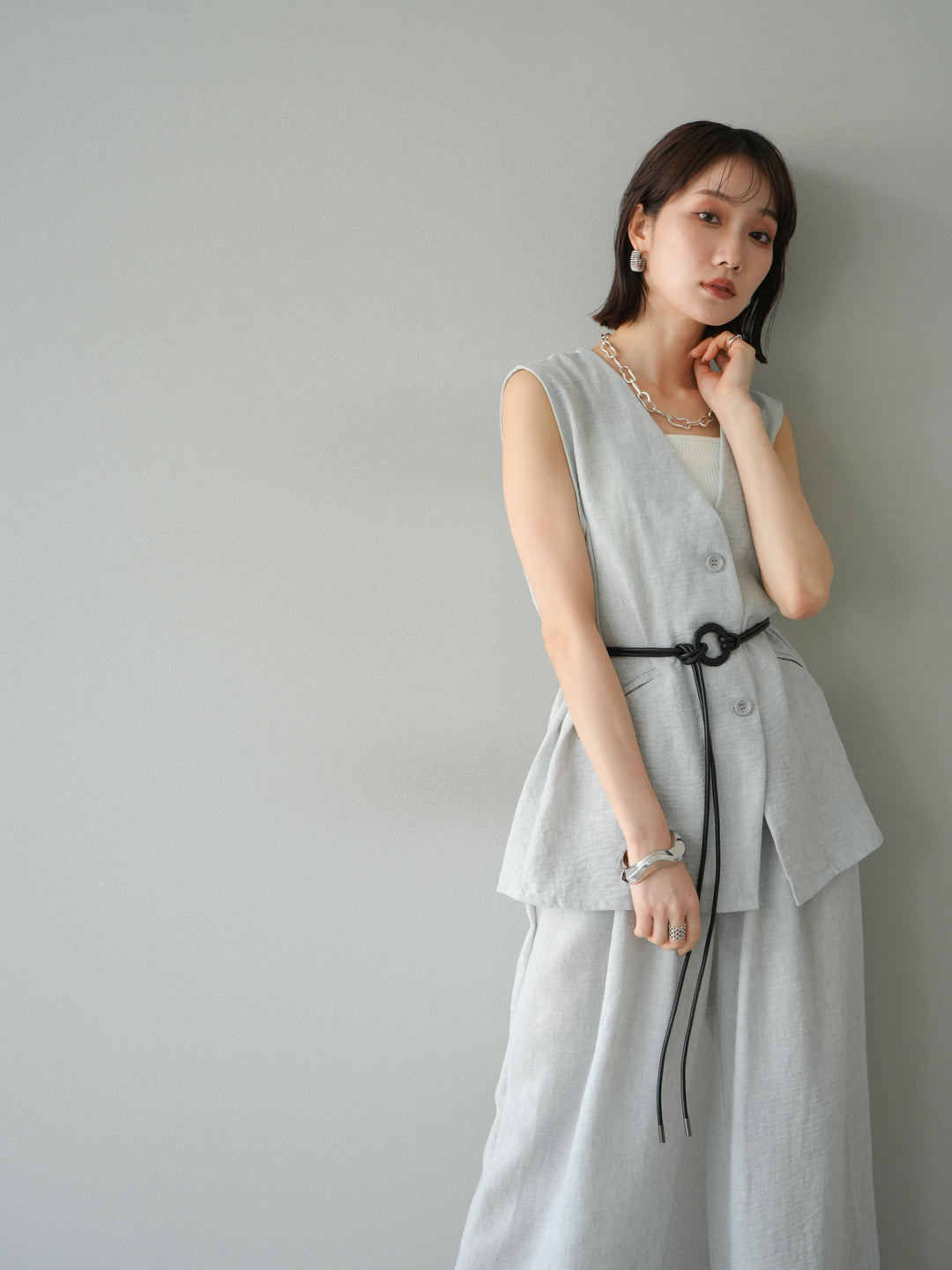 [SET]ベルト付リネンタッチベスト＆ワイドパンツSET UP(2set)