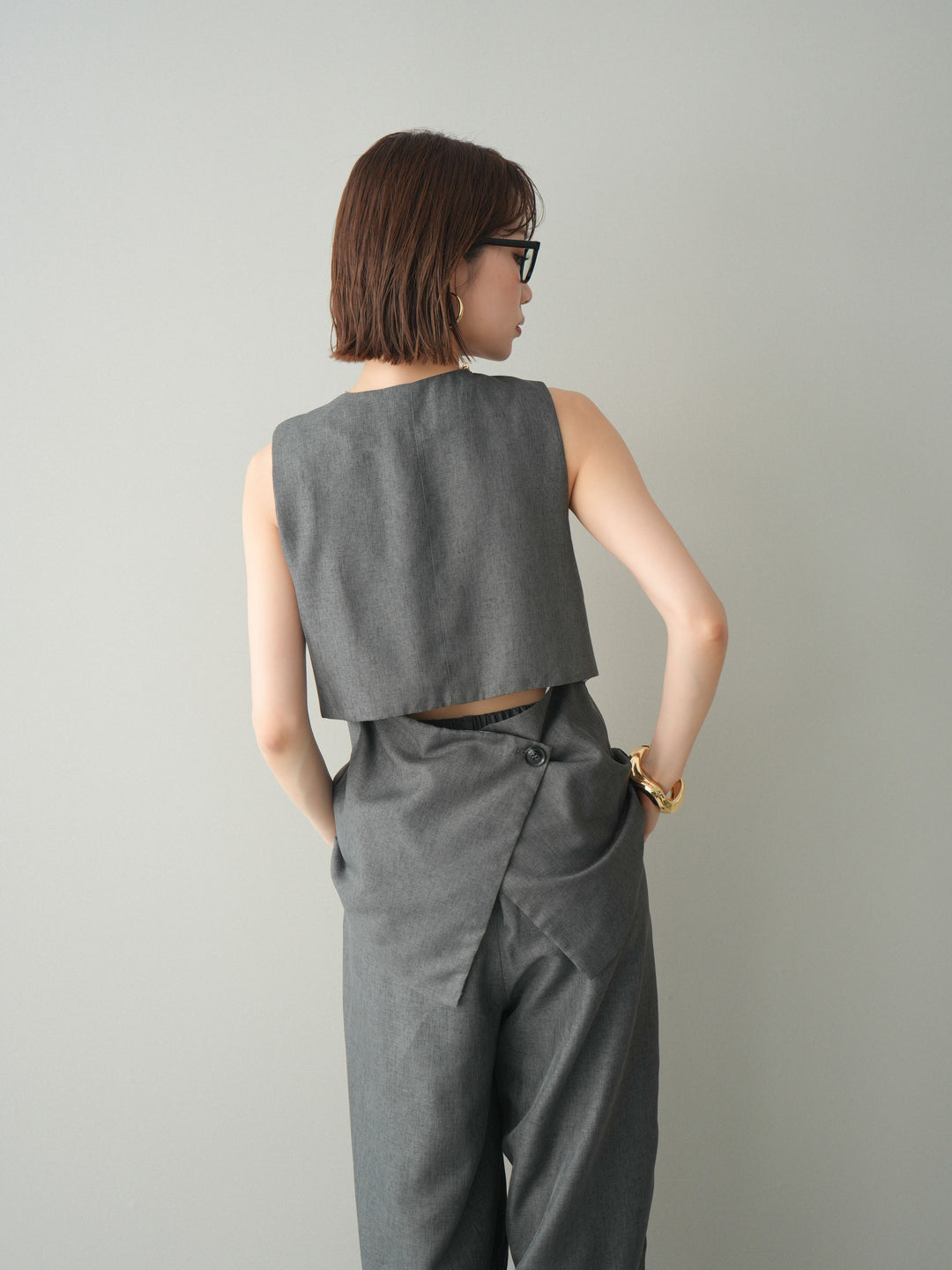 [SET]リネンライクバックオープンジレ+リネンライクタックワイドパンツ(2set)