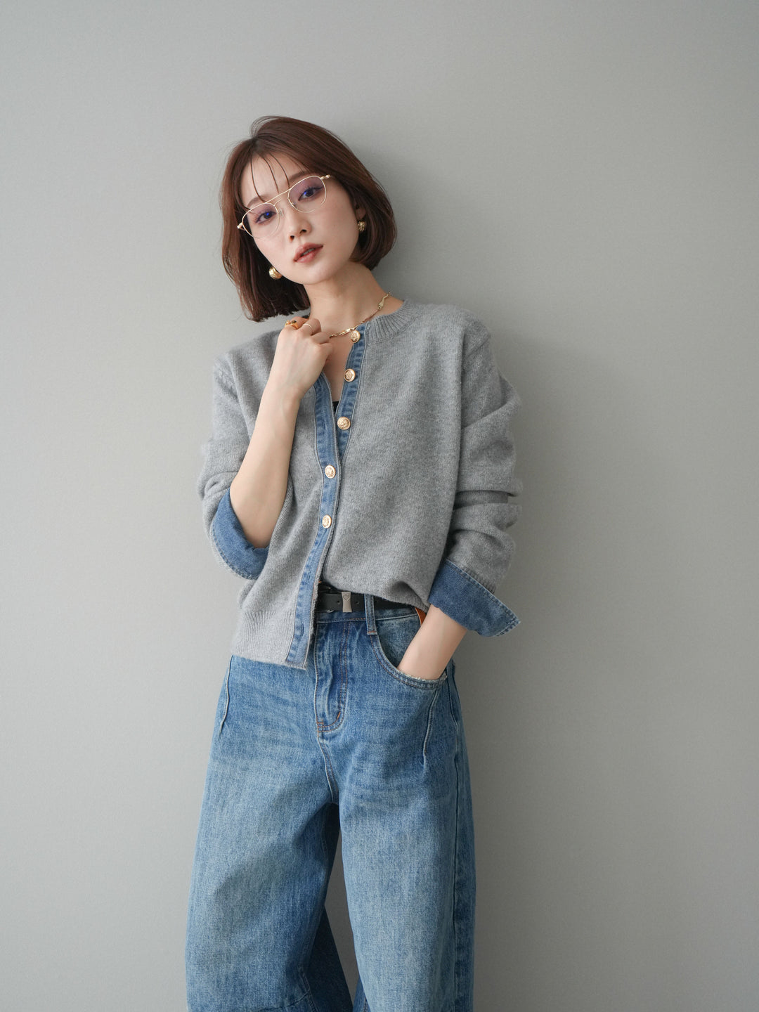 [予約]クルーネックデニムドッキングニットカーディガン/gray