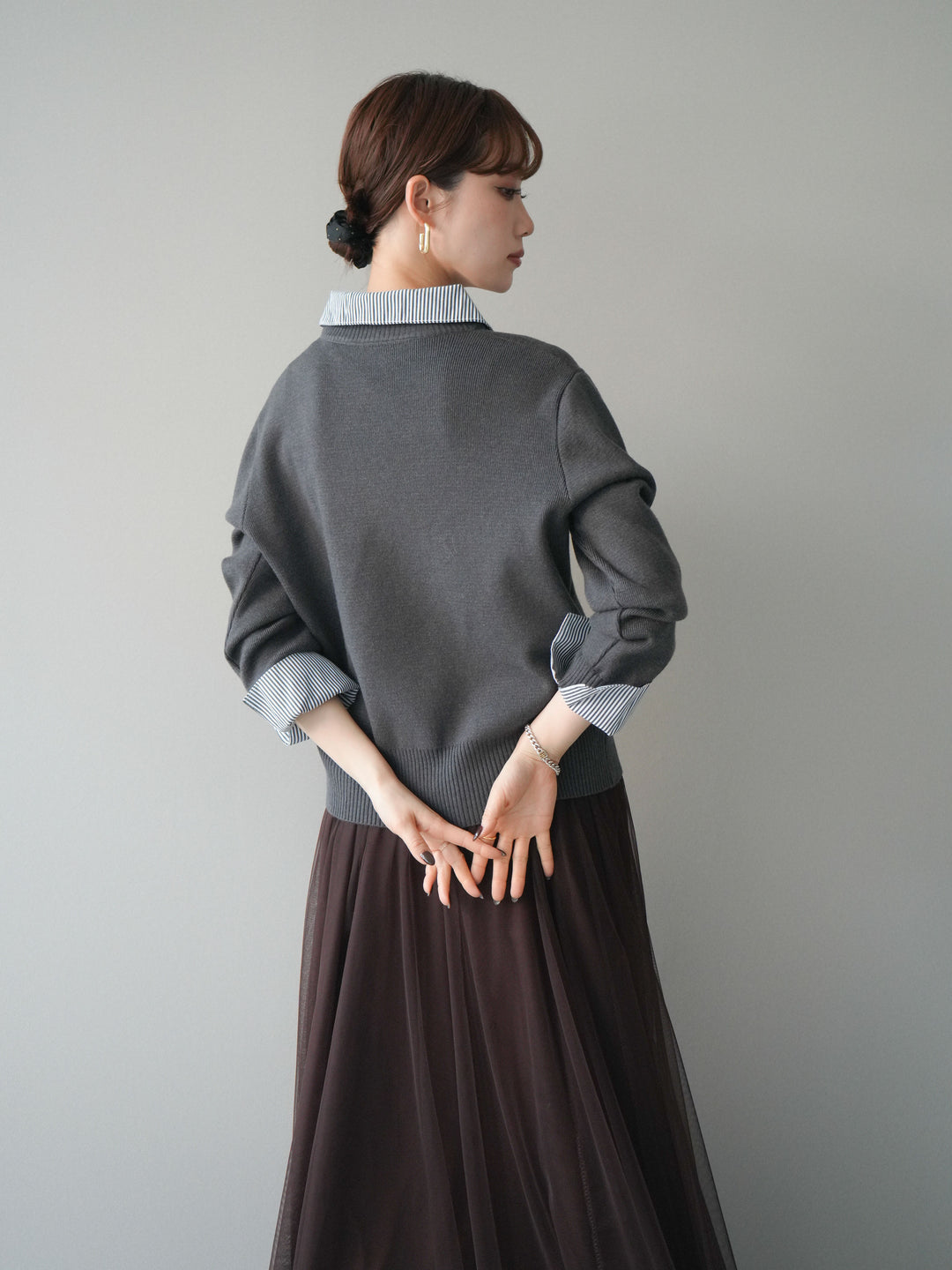 [予約]シャツドッキングデザイン裾ボタンニットプルオーバー/gray