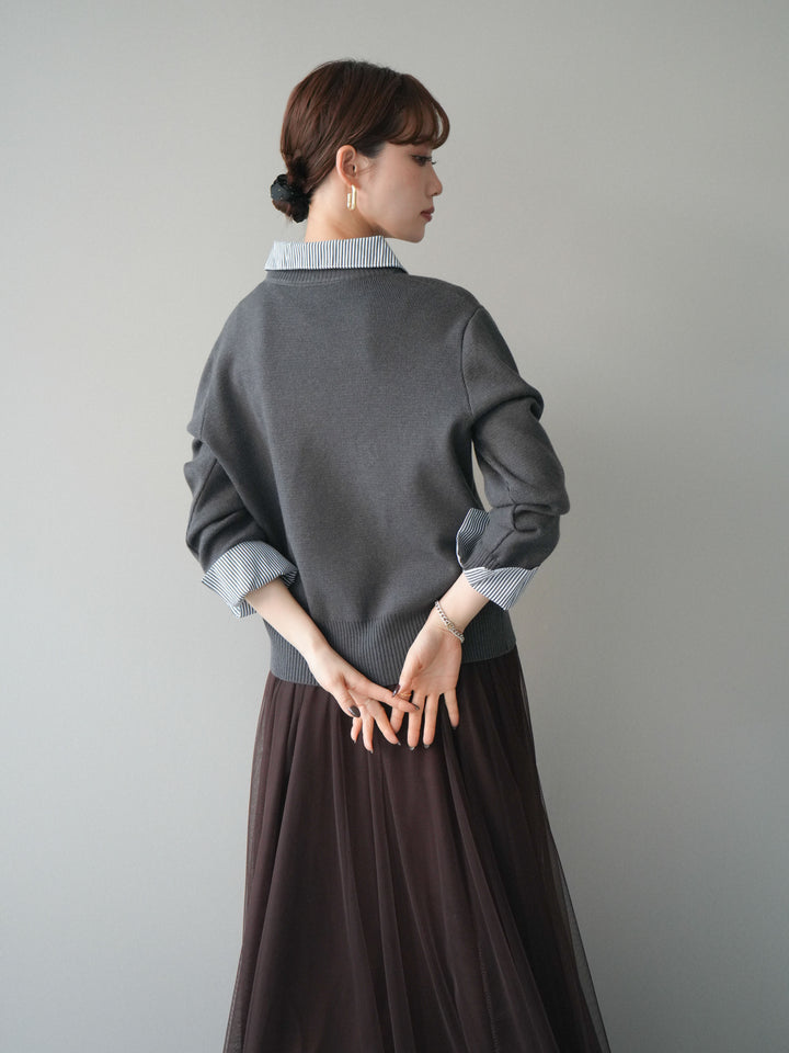 [予約]シャツドッキングデザイン裾ボタンニットプルオーバー/gray