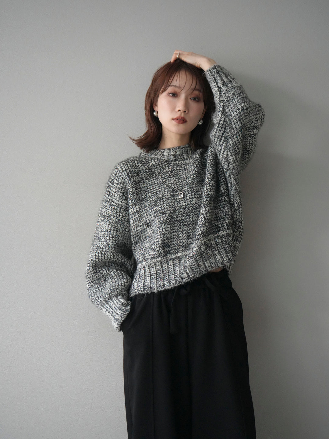 [予約]ボリュームスリーブミックスネップニットプルオーバー/gray
