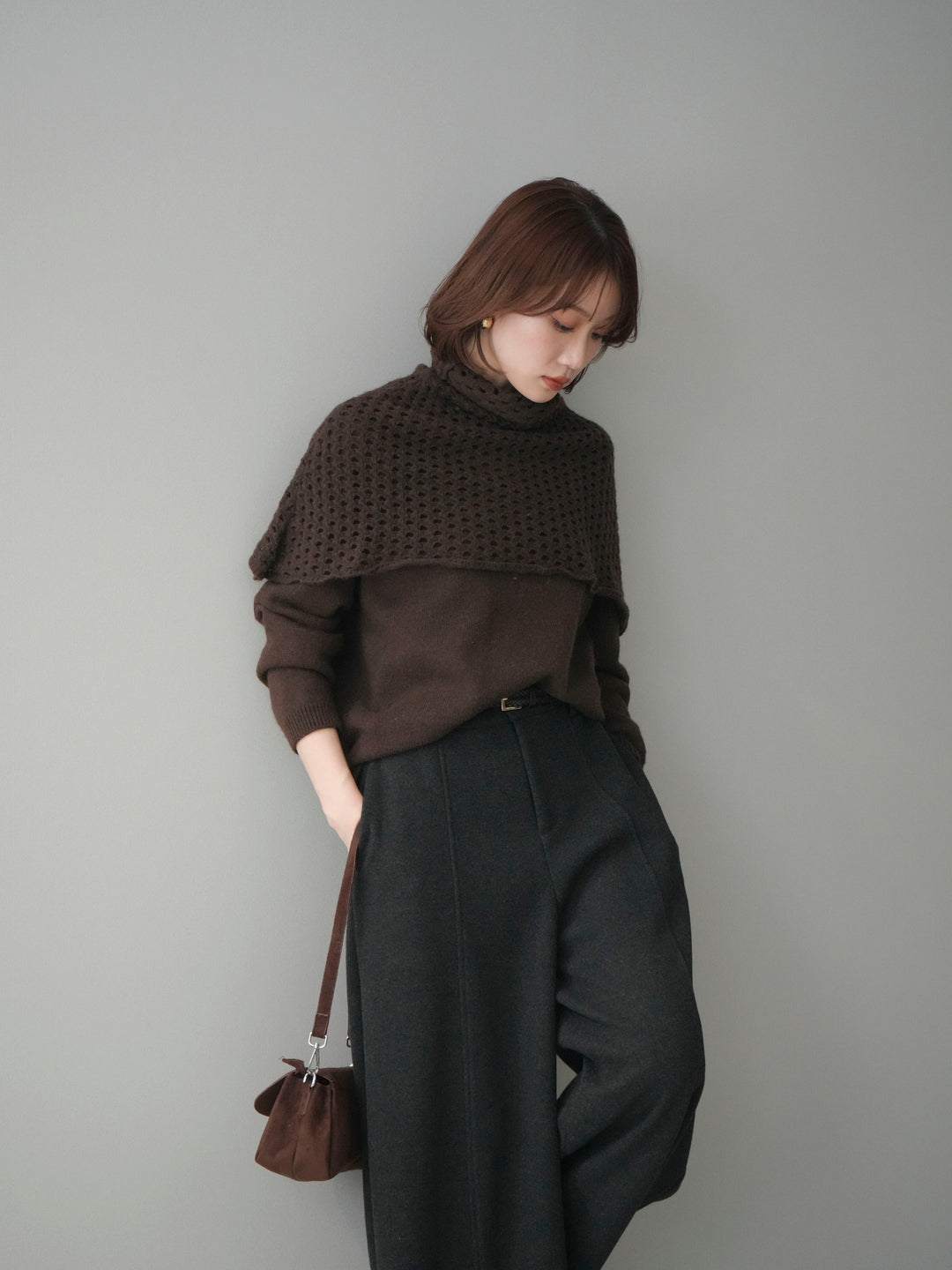 [予約]メッシュケープアンサンブルニットプルオーバー/brown