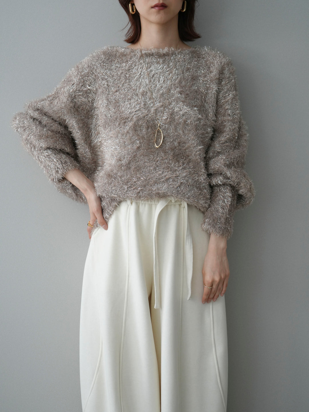 [予約]ラメシャギードルマンニットプルオーバー/beige