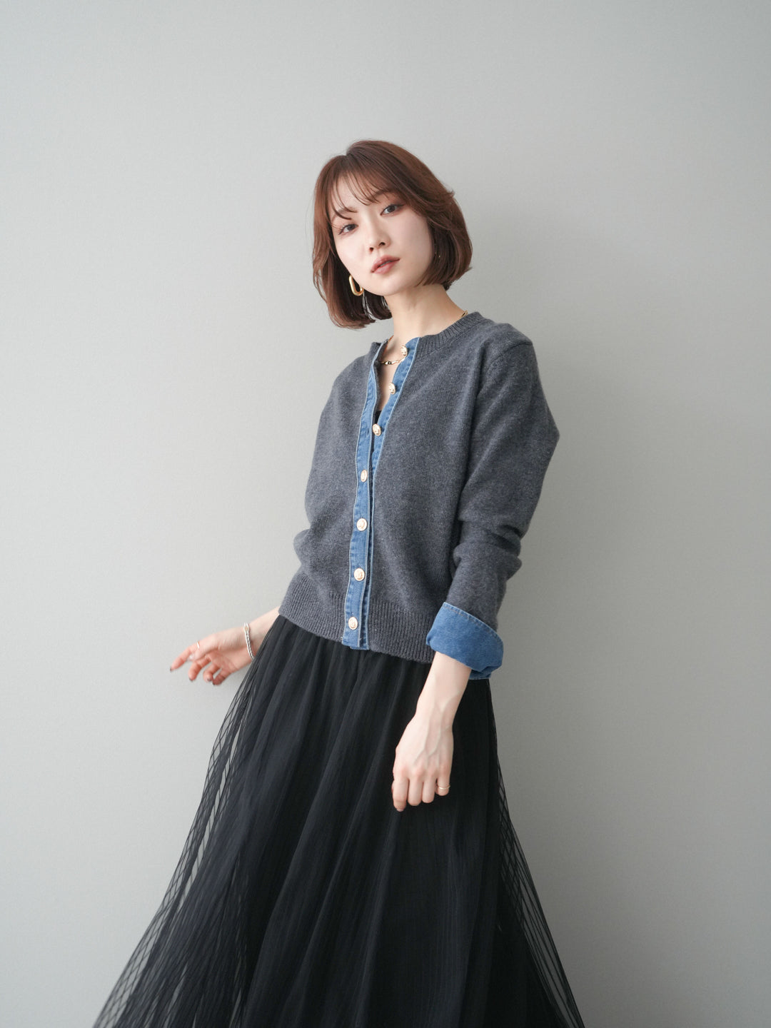 [SET]クルーネックデニムドッキングニットカーディガン+選べるアクセセット(2set)