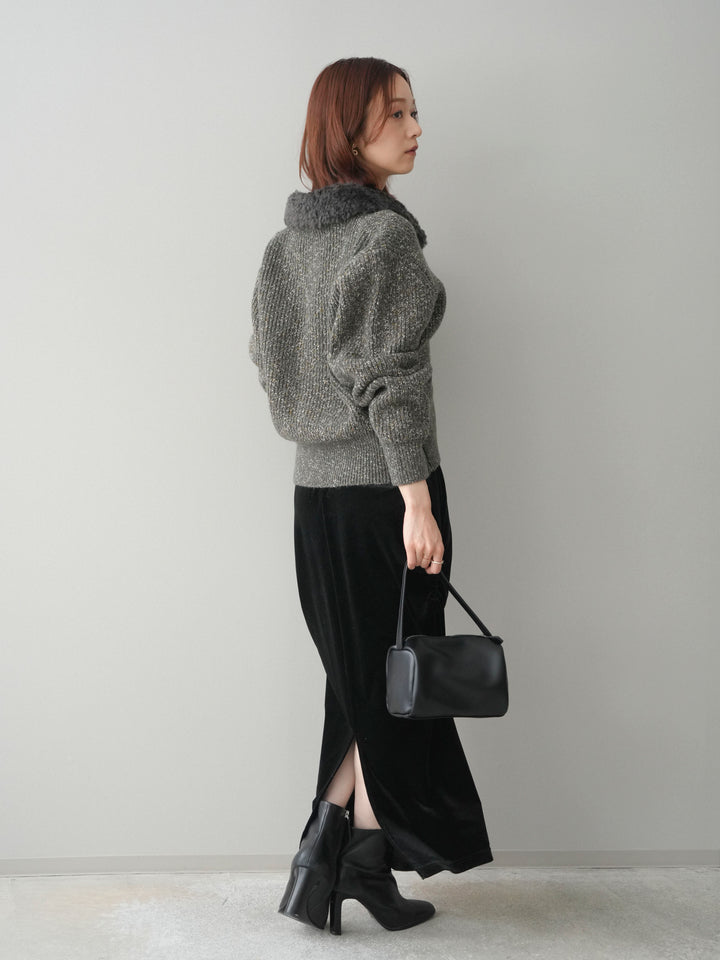 [SET]襟ボアミックスヤーンニットカーディガン+ギャザーベロアスカート(2set)