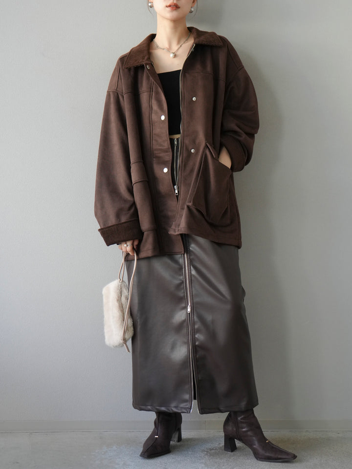 [予約]コーデュロイ襟スウェードミドルジャケット /ブラウン