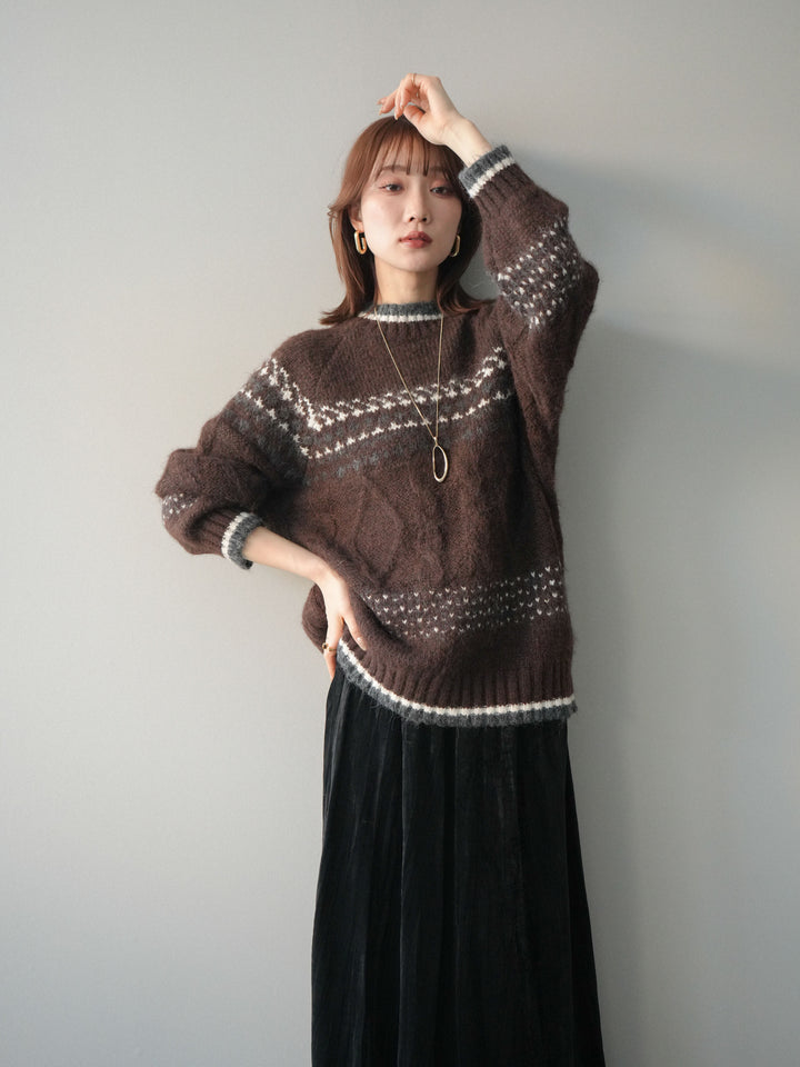 [予約]裾配色ノルディック柄ニットプルオーバー/brown