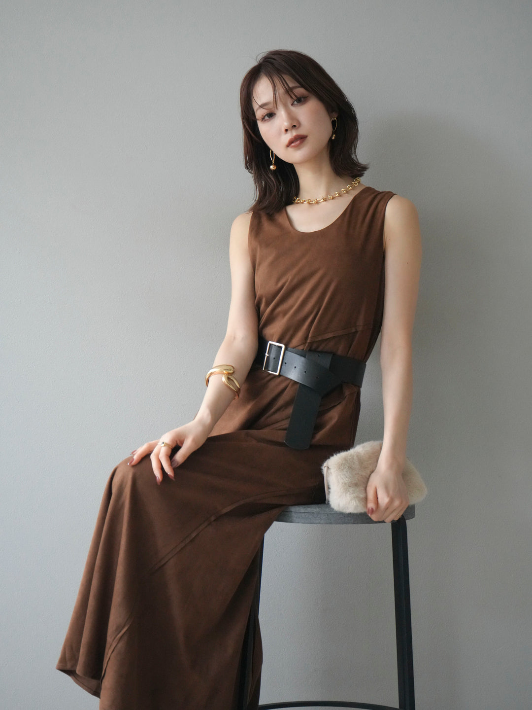 [予約]スエードアウトシームデザインベルト付ワンピース/camel