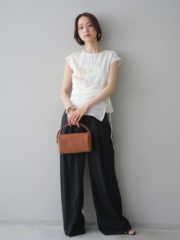 [SET]リネンタッチフラワージャガードトップス+ベルト付キーホルダーモチーフワイドパンツ(2set)