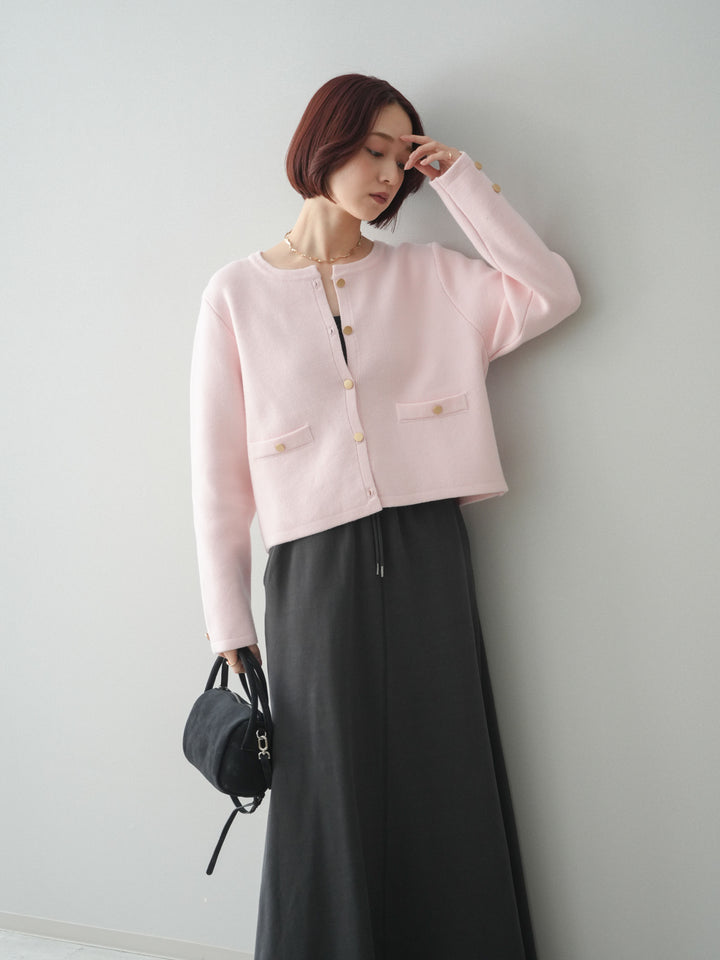 [予約]ゴールドボタンノーカラーニットジャケット/pink