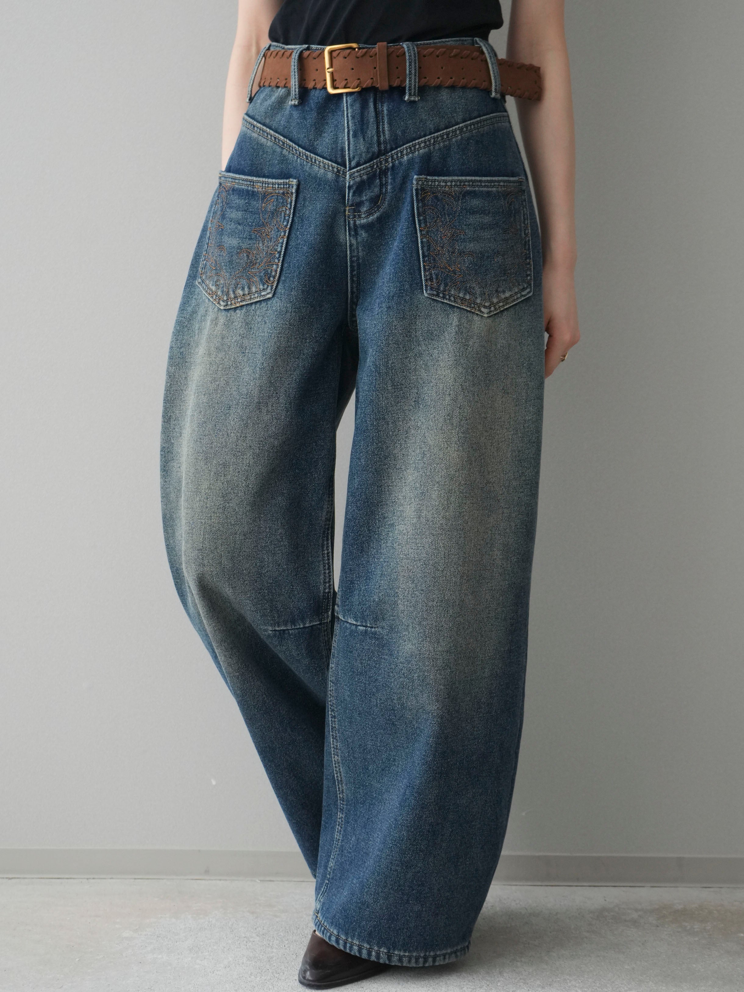 予約]ベルト付ポケット刺繍カーブデニムパンツ/blue – Lumier