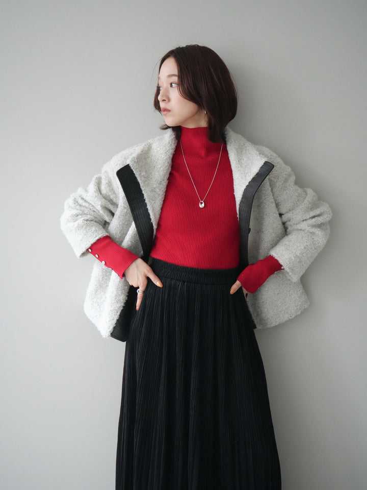 [SET]レザー切替ブークレブルゾン+袖ボタンボトルネックリブニットトップス+裾レーススウェードプリーツマキシスカート(3set)