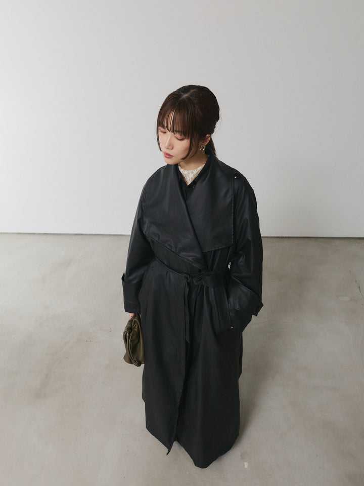 【Allure】[SET]ボタンダウンオーバーシャツ+デザインタックセンターシームアイドパンツ+フラワーレーストップス+レザーBIGカラーロングコート(4set))